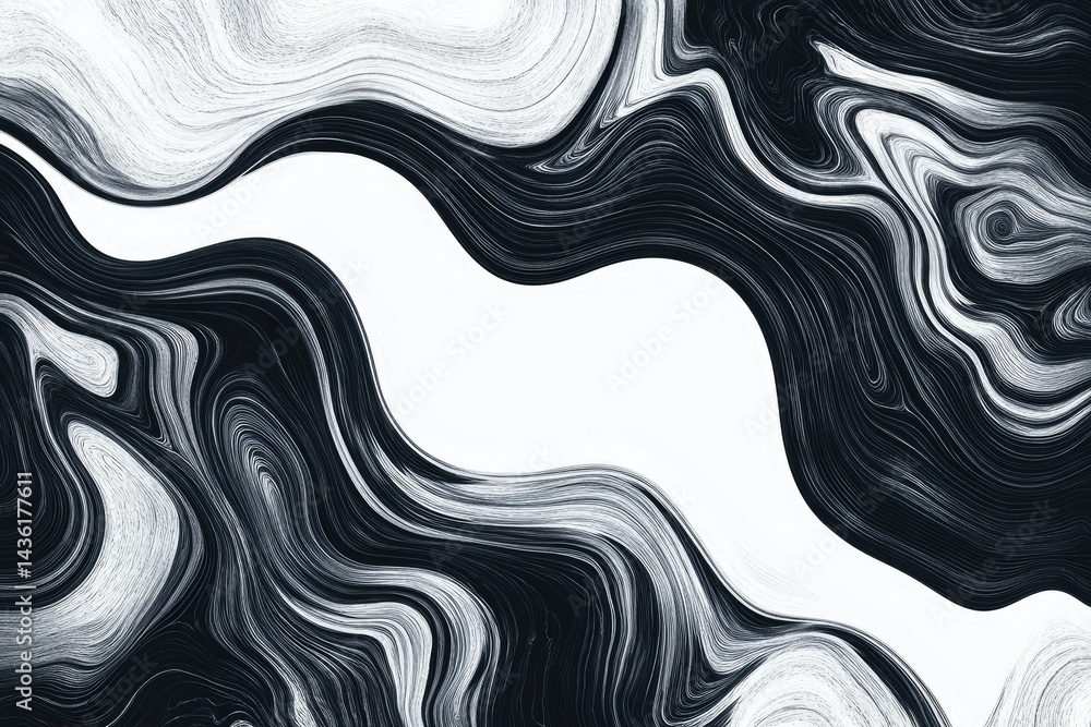 Poster abstract fluid art design with flowing, wavy patterns in shades of black and white. intricate, dynam