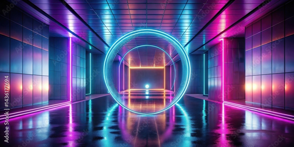 Aufkleber abstract futuristic neon corridor with glowing circular light installation and reflective wet floor