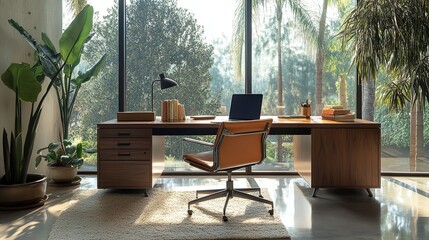 A minimalist workspace with sleek furniture, natural light, and modern dÃƒÂ©cor, laptop open on the desk.