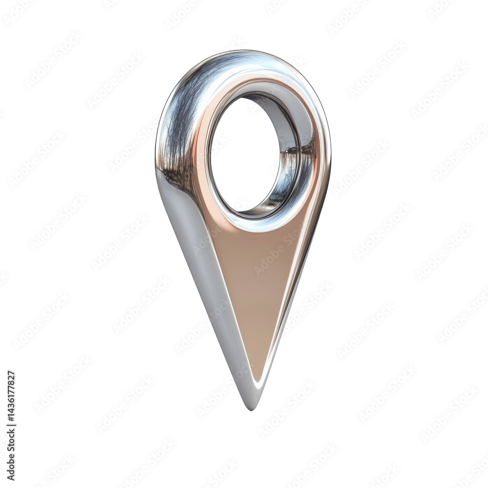 Poster Sleek chrome location pin rendering on transparent backdrop conveying futuristic navigation, positioning concept, isolated