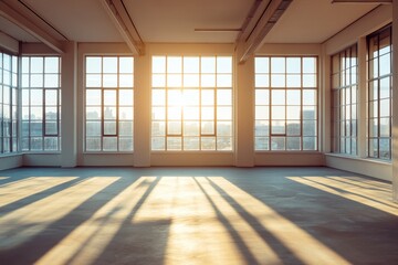 Bright and Spacious Empty Room with Large Windows and Sunrise Light