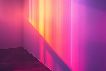 Vibrant pink and orange light streaks illuminate a corner, casting dramatic shadows on a textured wall.