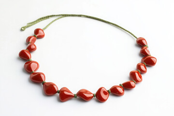Obraz premium A delicate necklace featuring vibrant red beads on a green cord, showcasing an organic pattern and earthy, artisanal elegance.
