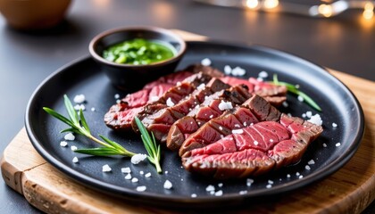 Fototapeta premium Gourmet food photography in magazine style, The image features a dark rustic plate with slices of perfectly seared wagyu steak, sprinkled with sea salt flakes and rosemary sprigs