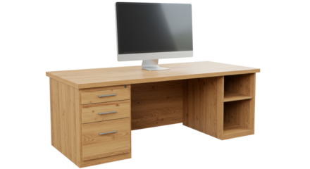 Isolated Wooden Office Desk with Computer Monitor