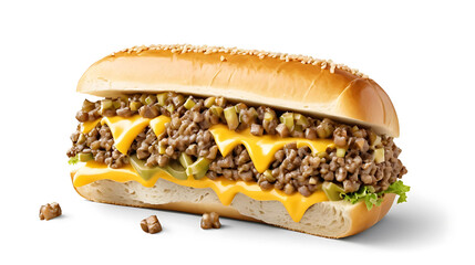 "A perfectly assembled chopped cheese sandwich, featuring finely chopped seasoned beef and melted cheese, layered with lettuce, tomato, and onions inside a toasted hero roll