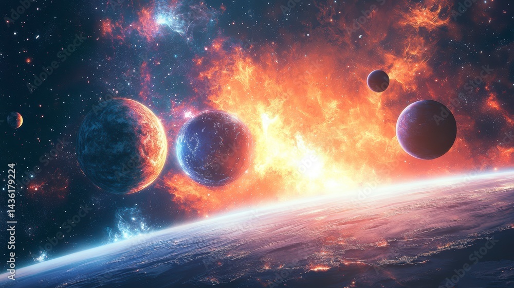 Poster fiery nebula and planets in outer space.