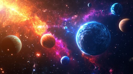 Obraz premium Vibrant cosmic scene depicting a solar system with planets, nebulae, and stars.