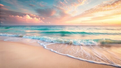 Serene Coastal Scene Gentle Waves Rolling onto a Sandy Shore at Sunset