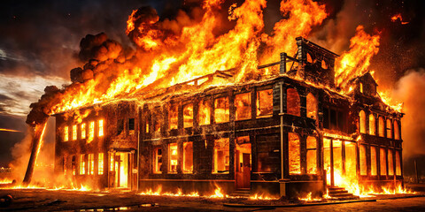 A large building is completely consumed by intense flames at night. Thick black smoke rises as firefighters battle the blaze. The fire lights up the surroundings vividly