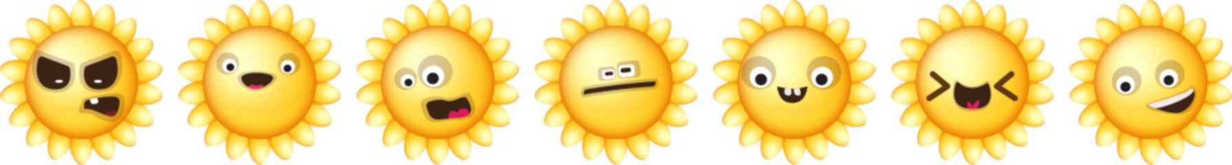 vector funny cartoon smiling sun character set isolated on white background. Funky SUN collection face with different expressions smiling, sad, angry, funny face. summer funky character set
