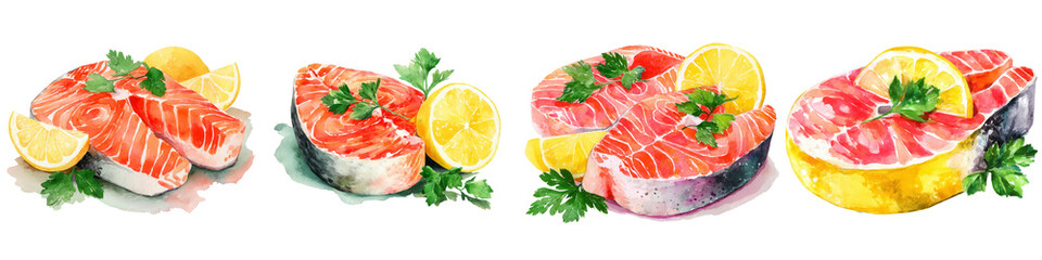 Fresh Salmon Cuts with Lemon and Parsley Garnish on White Background