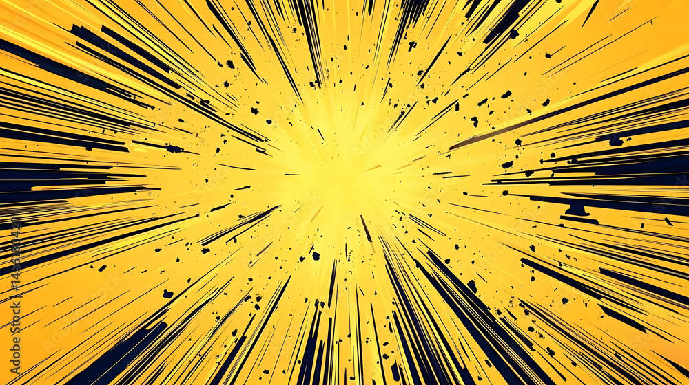 Poster yellow manga anime action frame lines with halftones. pop art retro background with exploding rays o