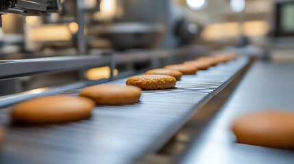 Plant based burger patties moving along a production line in a food processing facility. The focus is on the industrial process of creating meat alternatives for sustainable consumption