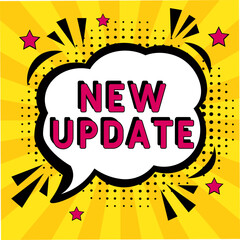 Obraz premium New Update. Comic book explosion with text New Update. Banner for business, marketing and advertising. Social Media banner. Vector bright cartoon illustration in retro pop art style. Creative poster.