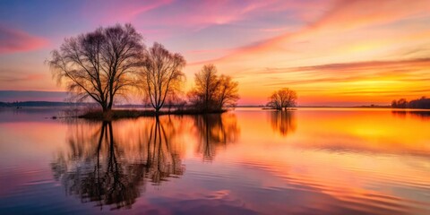 Fototapeta premium Serene Sunset Over a Still Lake with Silhouetted Trees Reflecting in the Calm Waters