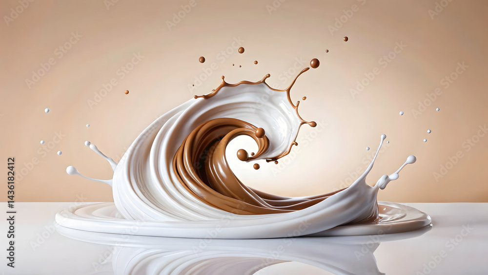Poster mesmerizing swirl of liquid chocolate and cream creates dynamic wave like splash against soft beige 