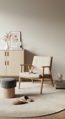 Neutral concept of living room interior with design wooden chair, round carpet, stool, cabinet, slippers, decoration and elegant personal accessories. Template. Copy space. 
