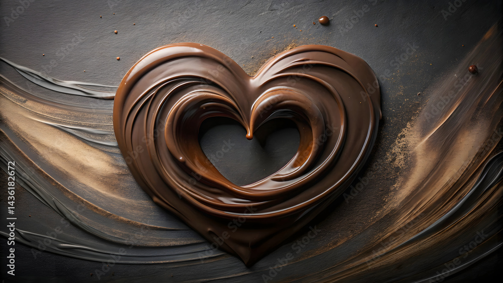 Poster swirl of liquid chocolate forms heart shape on textured surface, creating rich and indulgent visual.