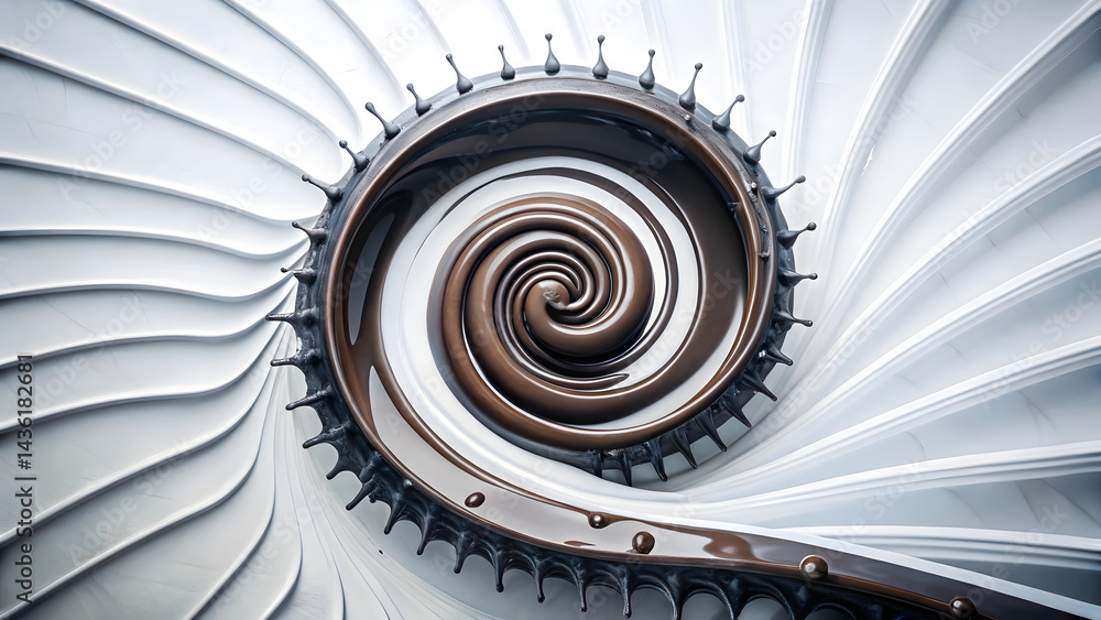 Poster swirl of liquid chocolate forms spiral stair pattern against white background, creating mesmerizing 