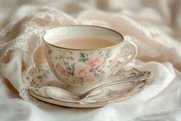 Fototapeta premium A delicate floral teacup filled with tea, rests on a lace-covered surface, creating a serene and elegant scene.