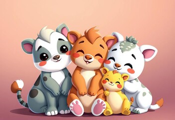 Adorable cartoon animals cuddling, playful poses, friends, puppy
