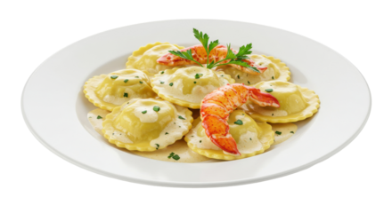 Lobster ravioli in cream sauce on a white plate