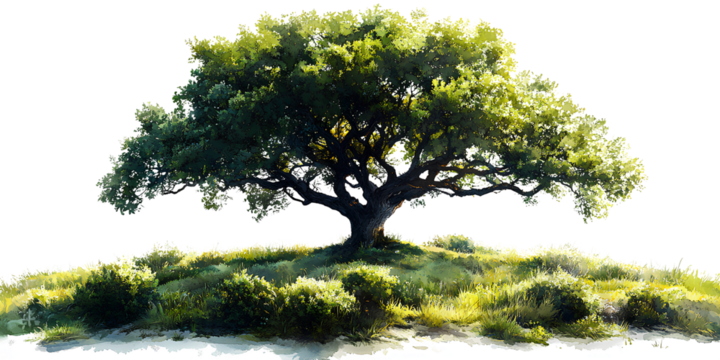A realistic illustration of a green tree with bushes, set against a transparent background