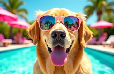 selfie of a funny dog ​​in sunglasses against the backdrop of a swimming pool