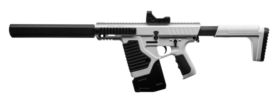 White and black air rifle replica of tactical carbine with red dot sight and silencer, isolated on transparent background.