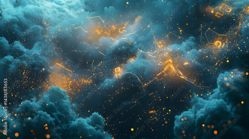 Poster visualizing cloud computing and decentralized systems wallpaper in a dreamlike environment