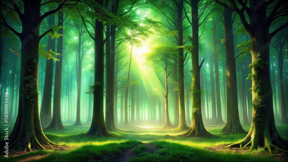 Poster Sunbeams Illuminate a Mystical Path Through an Enchanting Green Forest, Where Sunlight Filters Through Dense Canopy, Creating a Dreamlike Atmosphere