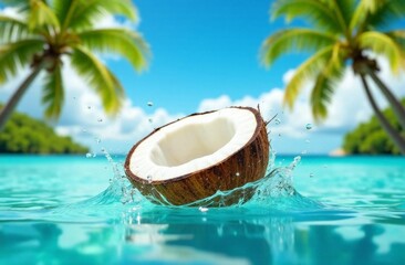 half a coconut floating in crystal blue ocean water on a tropical beach