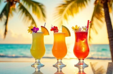 three glasses with colorful cocktails against the backdrop of the sea and tropical sunset