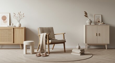 Neutral concept of living room interior with design wooden chair, round carpet, stool, cabinet, slippers, decoration and elegant personal accessories. Template. Copy space. 
