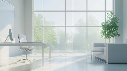 A minimalist home office with clean lines, ergonomic furniture, and large windows offering natural light.