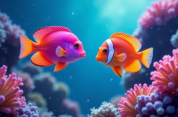 two tropical orange fish in an aquarium, close-up