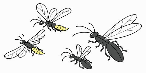 Vector silhouette of fireflies, wasps, and hornets flying with transparent wings and yellow striped bodies isolated on white background