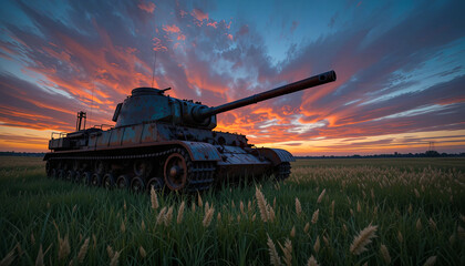 Fototapeta premium A historic tank stands in a grassy field, its weathered exterior contrasting against a stunning sunset, showcasing brilliant colors in the sky. The atmosphere feels serene and reflective