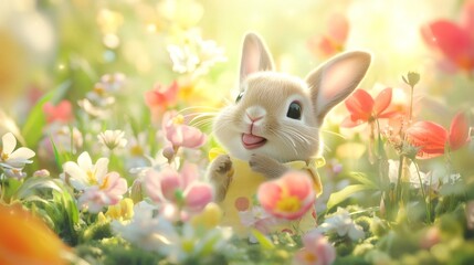 A charming bunny rabbit surrounded by vibrant colorful flowers in a spring garden. The bunny seems cheerful and playful amidst the blooming flora, representing new life and spring.