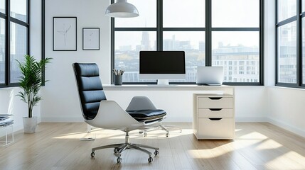 A minimalist home office setup with clean lines, sleek furniture, and large windows offering natural light.