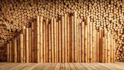 Wooden poles arranged against a backdrop of stacked wood rounds create a rustic, natural scene.