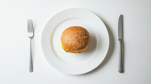 Juicy burger on a white plate, showcasing simplicity and indulgence in every bite.
