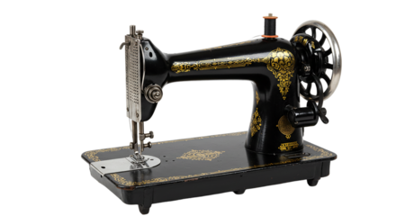 A vintage black sewing machine with gold accents and a silver wheel on a black background studio shot