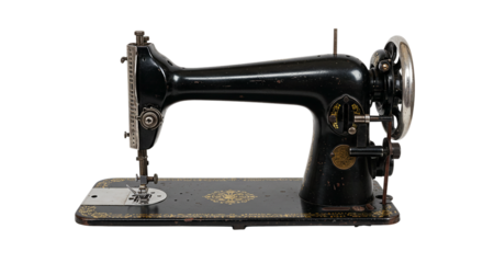 A detailed view of a vintage black sewing machine with intricate gold detailing on a black background