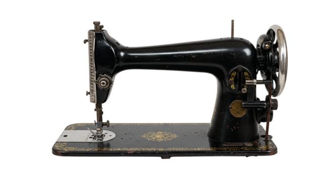 A detailed view of a vintage black sewing machine with intricate gold detailing on a black background