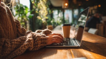 Hands typing on a laptop in a cozy cafe with soft natural light and a takeaway coffee cup nearby. Great for themes of remote work, blogging, freelancing, and creative lifestyle.