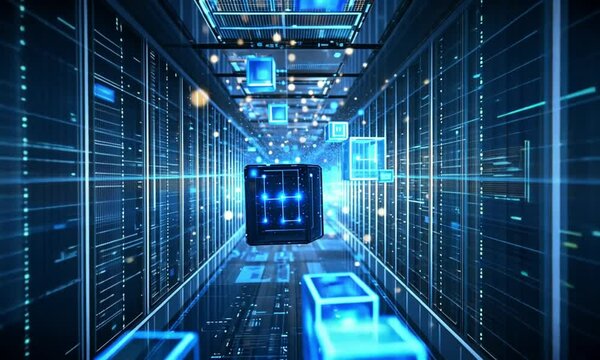 Digital Data Stream: Futuristic Server Room Visualization