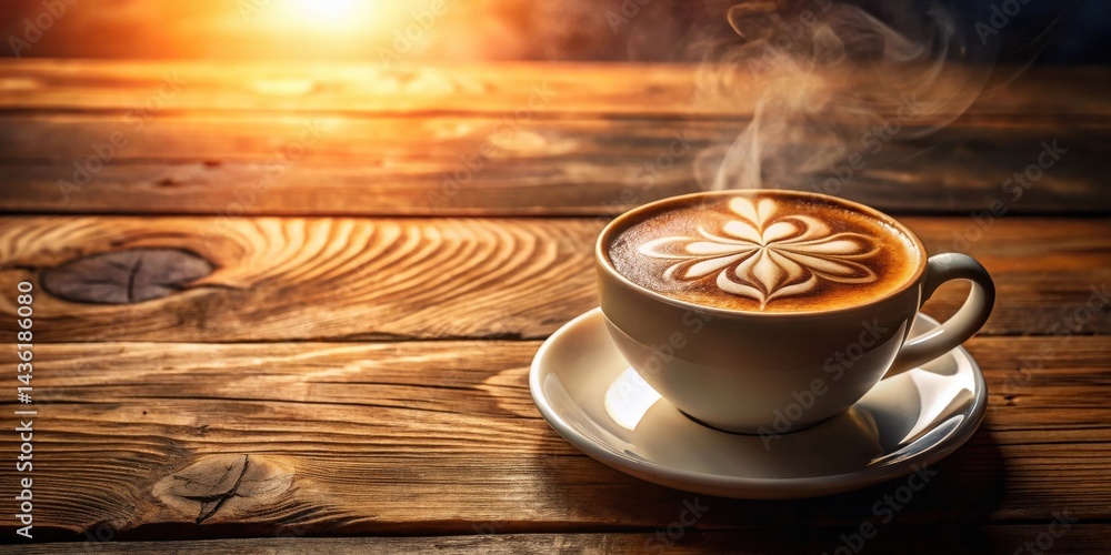 Poster aromatic steaming cup of coffee with intricate latte art on rustic wooden surface at dawn