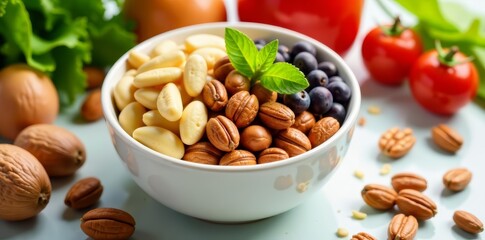 Assorted nuts and seeds in a white bowl surrounded by fresh vegetables and plant-based milk, vegetables, bowl, nuts
